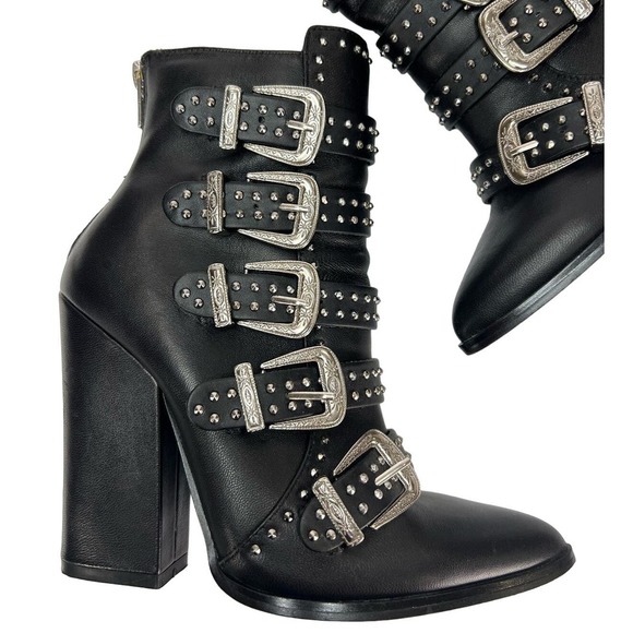 Steve Madden Shoes - Steve Madden Comet Studded Buckle Pointed Black Leather Block Heel Boots Size 7